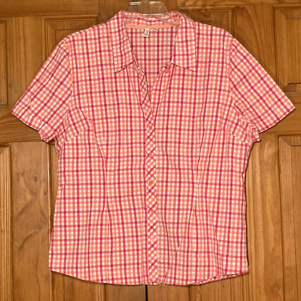 NWOT St. John's Bay Stretch Vintage 90s Top Short Sleeve Blouse Pink White Sz XL